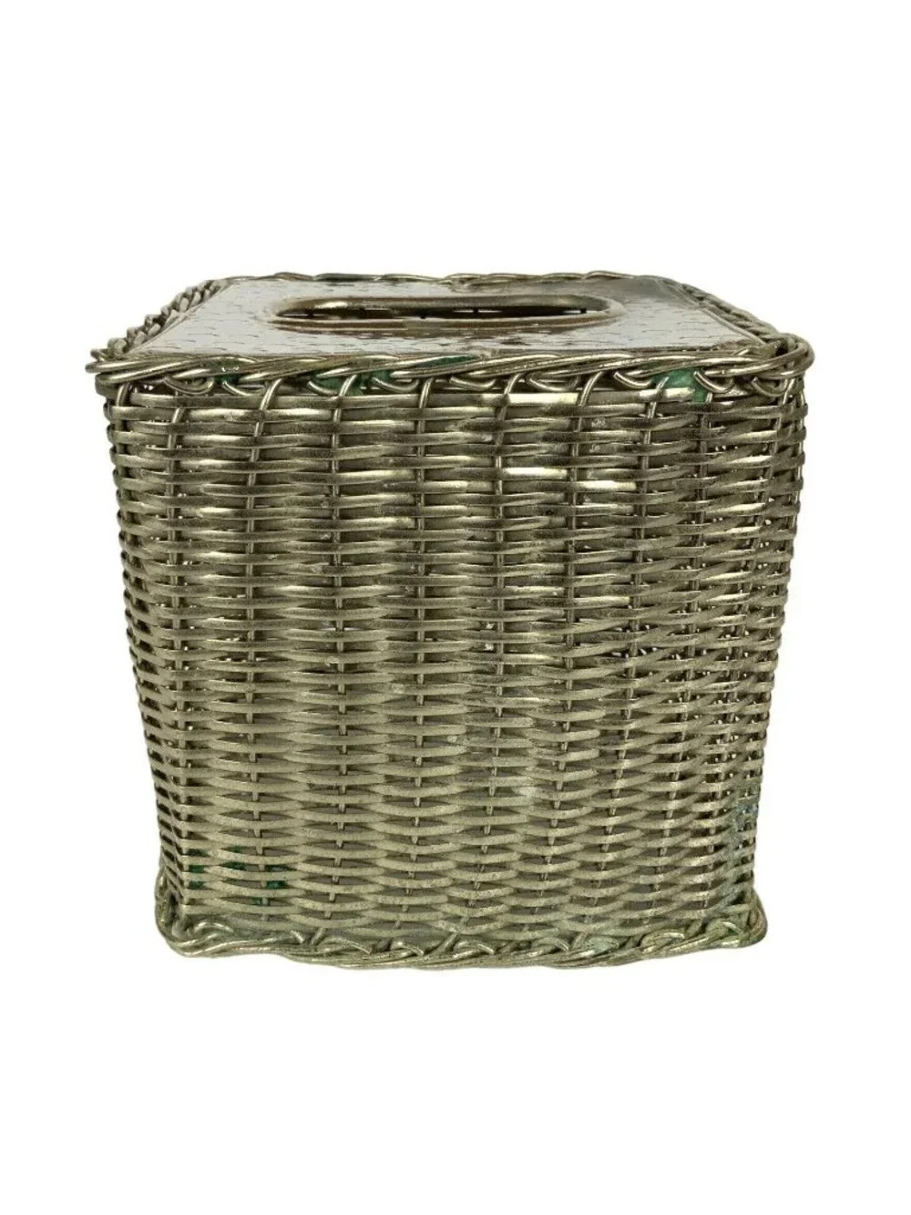 Square Silver Metal Basketweave Tissue Box Holder With Hammered Chrome Finish